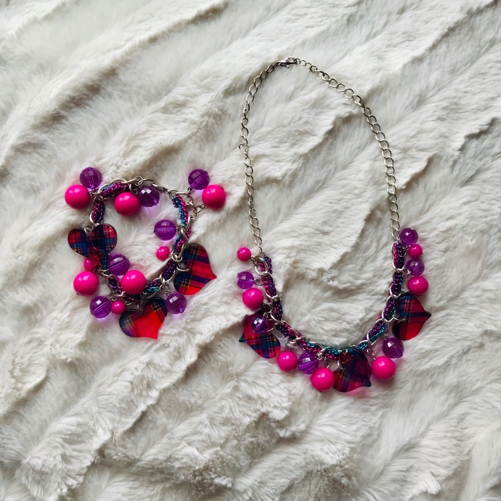 Pink Plaid Heart Necklace and Bracelet Set